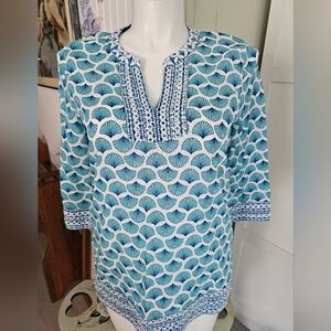 Sigrid Olsen Seashell Print Embroidered Tunic Womens Lg 20" 100% Cotton